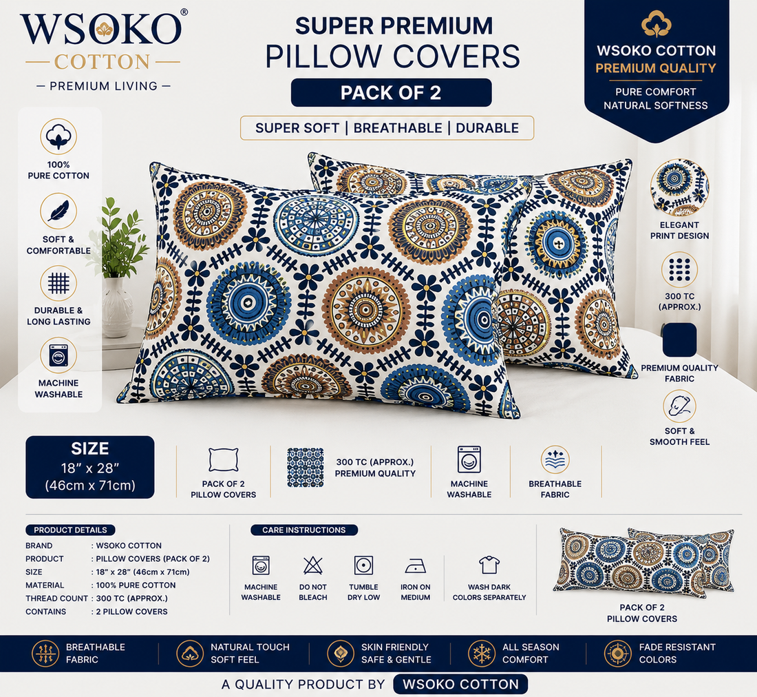 WSOKO COTTON 300 TC Queen Size Bedsheet | 90x100 Inch | 1 Bedsheet + 2 Pillow Covers