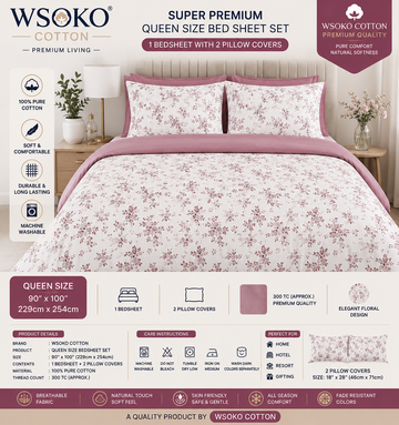 WSOKO COTTON Queen Size 300 TC Bedsheet | 90x100 Inch | 2 Pillow Covers