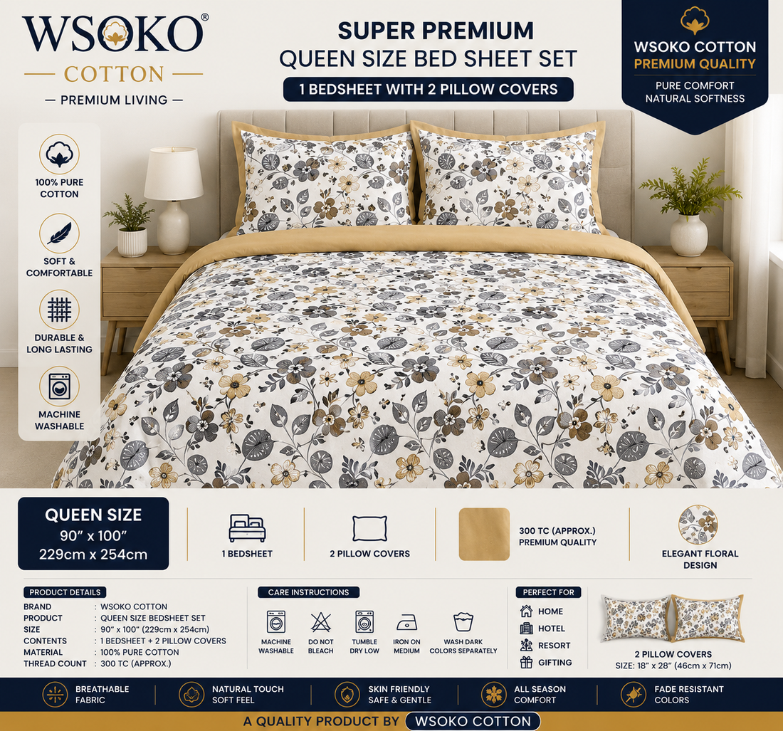 WSOKO COTTON Queen Size Cotton Bedsheet | 300 TC | Ultra Soft | 90x100 Inch
