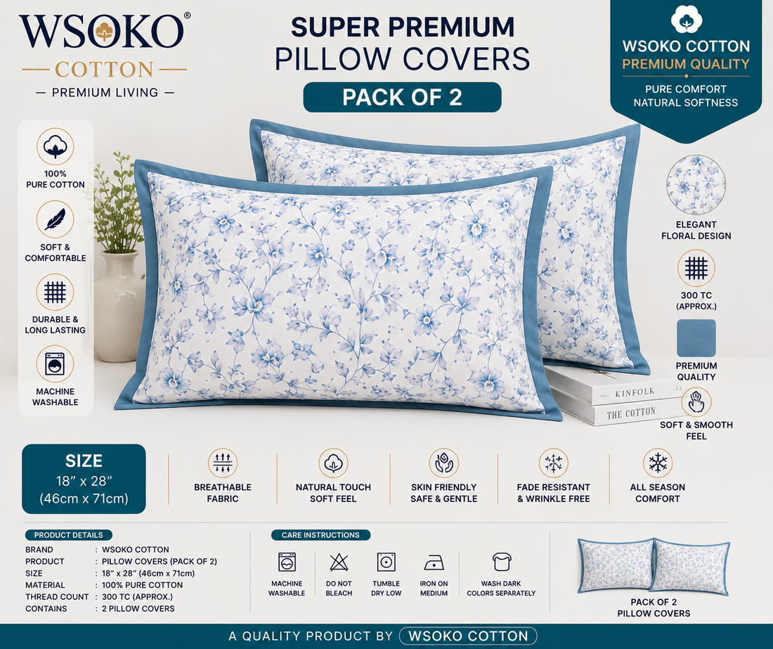 WSOKO COTTON Queen Size 300 TC Bedsheet | 90x100 Inch | 2 Pillow Covers