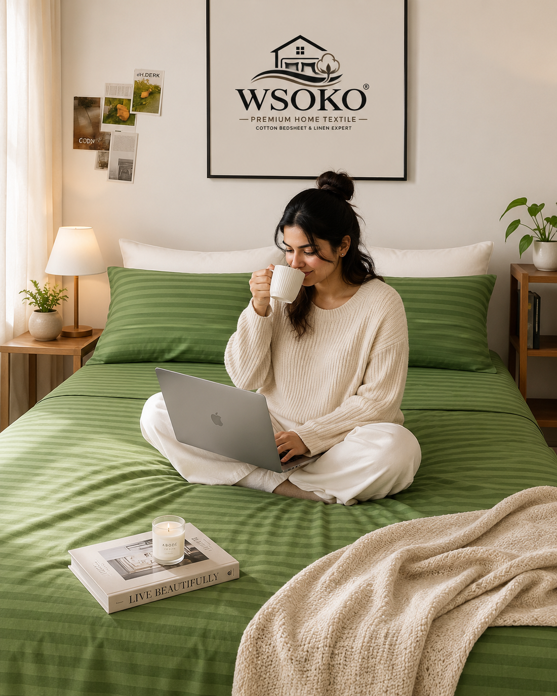 WSOKO Green Stripe Cotton Queen/Double Bedsheet | 90 x 100 Inch | Hotel Quality | 3-Piece Set | 1 Bedsheet + 2 Pillow Covers
