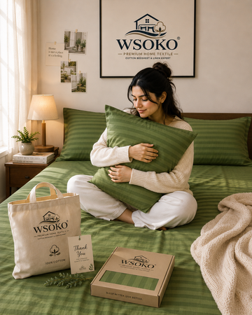 WSOKO Luxury Hotel Quality 400 TC Cotton Sateen Striped Bedsheet for King Bed with 2 Pillow Covers | Premium Soft & Smooth Finish | Sage Green | King Size