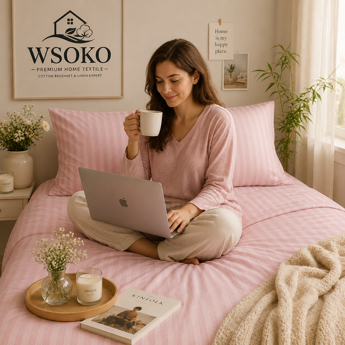 WSOKO Pink Stripe Cotton Super King Size Bedsheet | 108 x 108 Inch | 600 TC | Hotel Quality | 3-Piece Set | 1 Bedsheet + 2 Pillow Covers