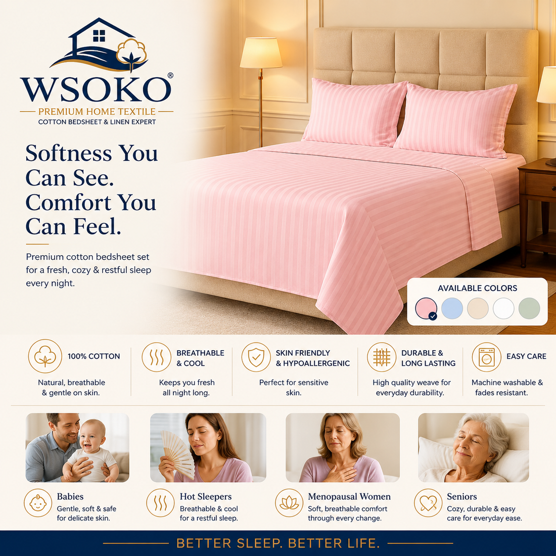 WSOKO Pink Stripe Cotton Queen/Double Bedsheet | 90 x 100 Inch | Hotel Quality | 3-Piece Set | 1 Bedsheet + 2 Pillow Covers
