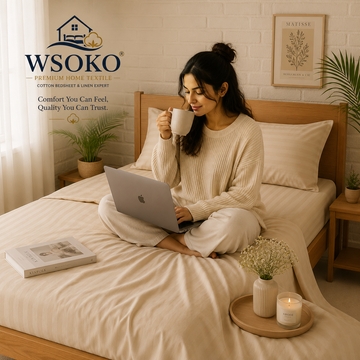 WSOKO 400 TC Satin Stripe King Size Bedsheet with 2 Pillow Covers | 108x108 Inches Super King Double Bed Sheet | Luxury Hotel Collection | Soft & Breathable Cotton Feel Fabric | Beige