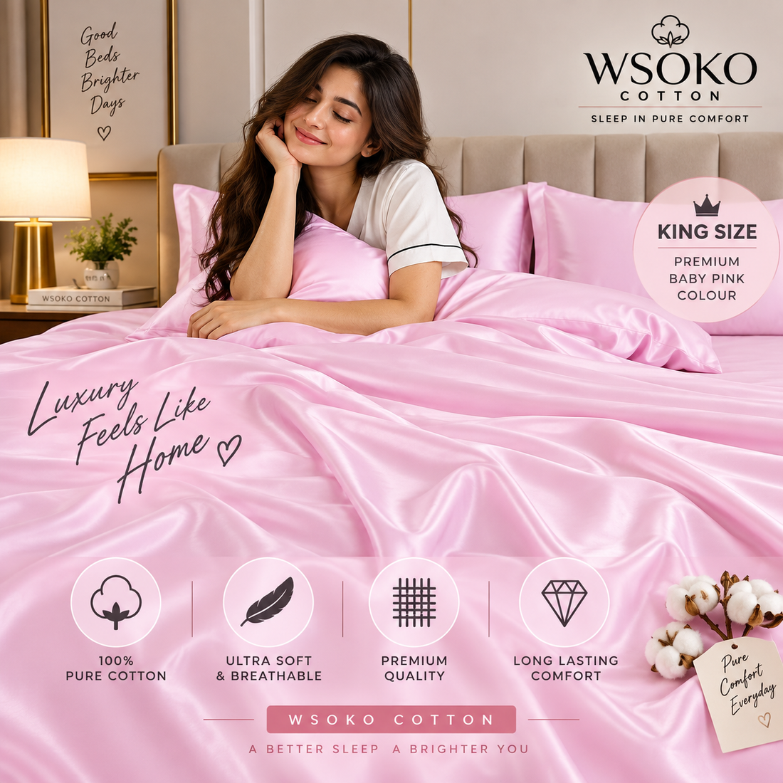 WSOKO COTTON Premium King Size Bedsheet Set – Baby Pink Stripe | Soft Cotton Double Bed Sheet with 2 Pillow Covers | 108 x 108 Inches