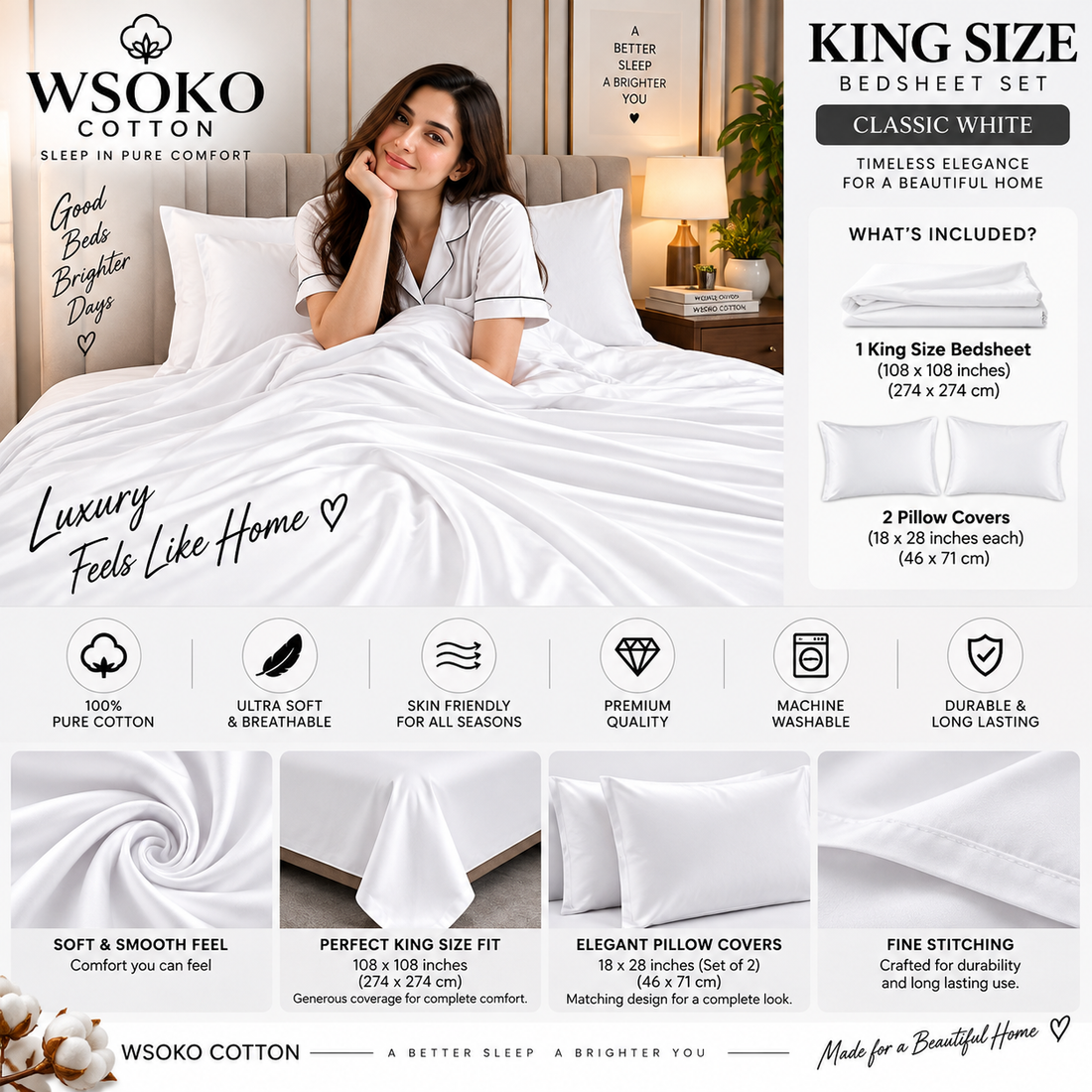 WSOKO COTTON Premium White King Size Bedsheet Set | 108 x 108 Inches | Soft & Smooth Bedsheet with 2 Pillow Covers | Luxury Double Bed Sheet