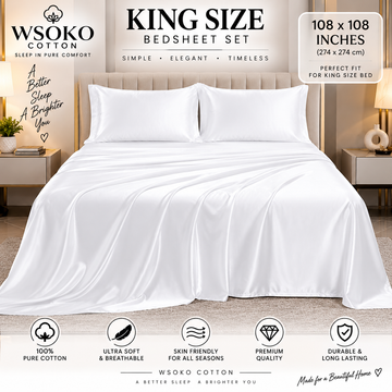 WSOKO COTTON Premium White King Size Bedsheet Set | 108 x 108 Inches | Soft & Smooth Bedsheet with 2 Pillow Covers | Luxury Double Bed Sheet