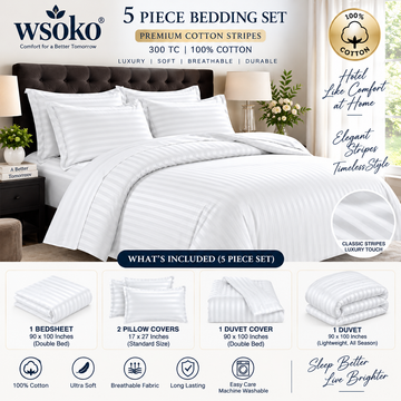 WSOKO Premium Cotton Queen Size Bedding Set | Bedsheet, Pillow Covers, Duvet & Duvet Cover | Satin Stripes