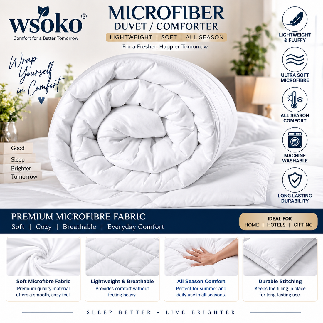 WSOKO Premium Microfiber Comforter Double Bed | 220 GSM | Reversible AC Blanket | 100x90 Inches | White