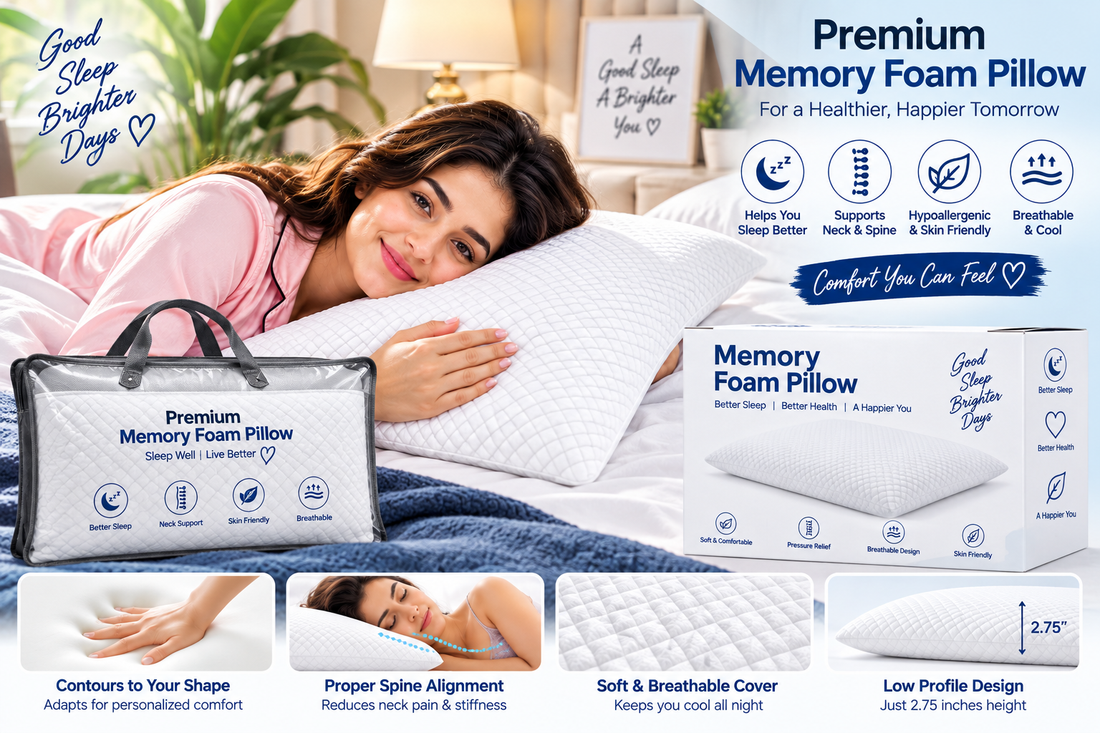 Memories Memory Foam Pillow Set 1 of 2 | 17 x 27 Inch | Soft Quilted Pillow for Sleeping | Head & Neck Support