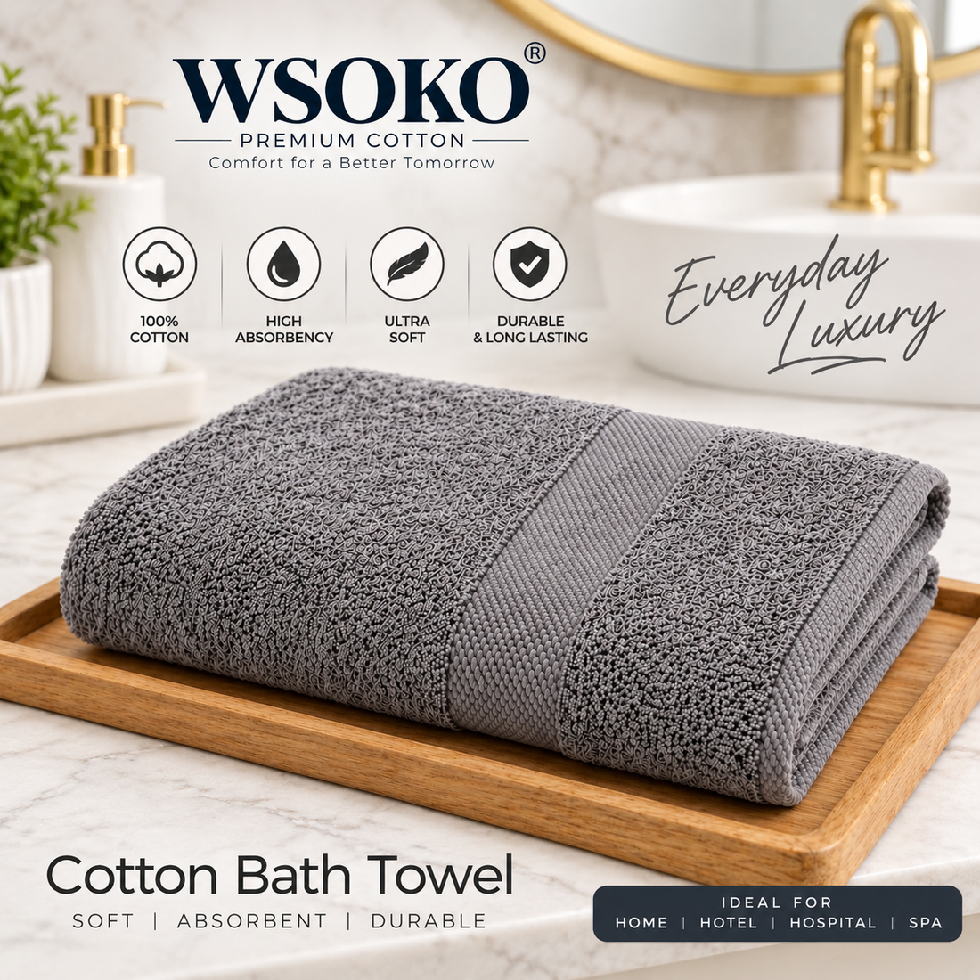WSOKO Premium Cotton Bath Towel | Ultra Soft & Highly Absorbent | 100% Combed Cotton | Luxury Bath Towel for Home, Hotel & Spa