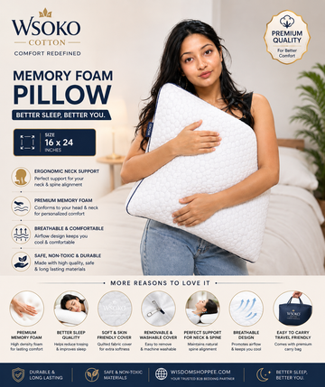 WSOKO 600 TC Memory Foam Pillow 16x24 Inch – Premium Soft & Supportive Pillow for Sleeping, Neck & Head Support