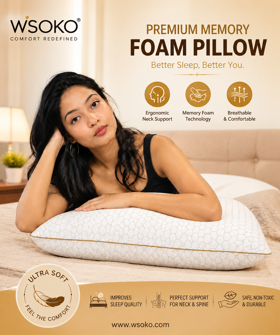WSOKO 600 TC Memory Foam Pillow 16x24 Inch – Premium Soft & Supportive Pillow for Sleeping, Neck & Head Support