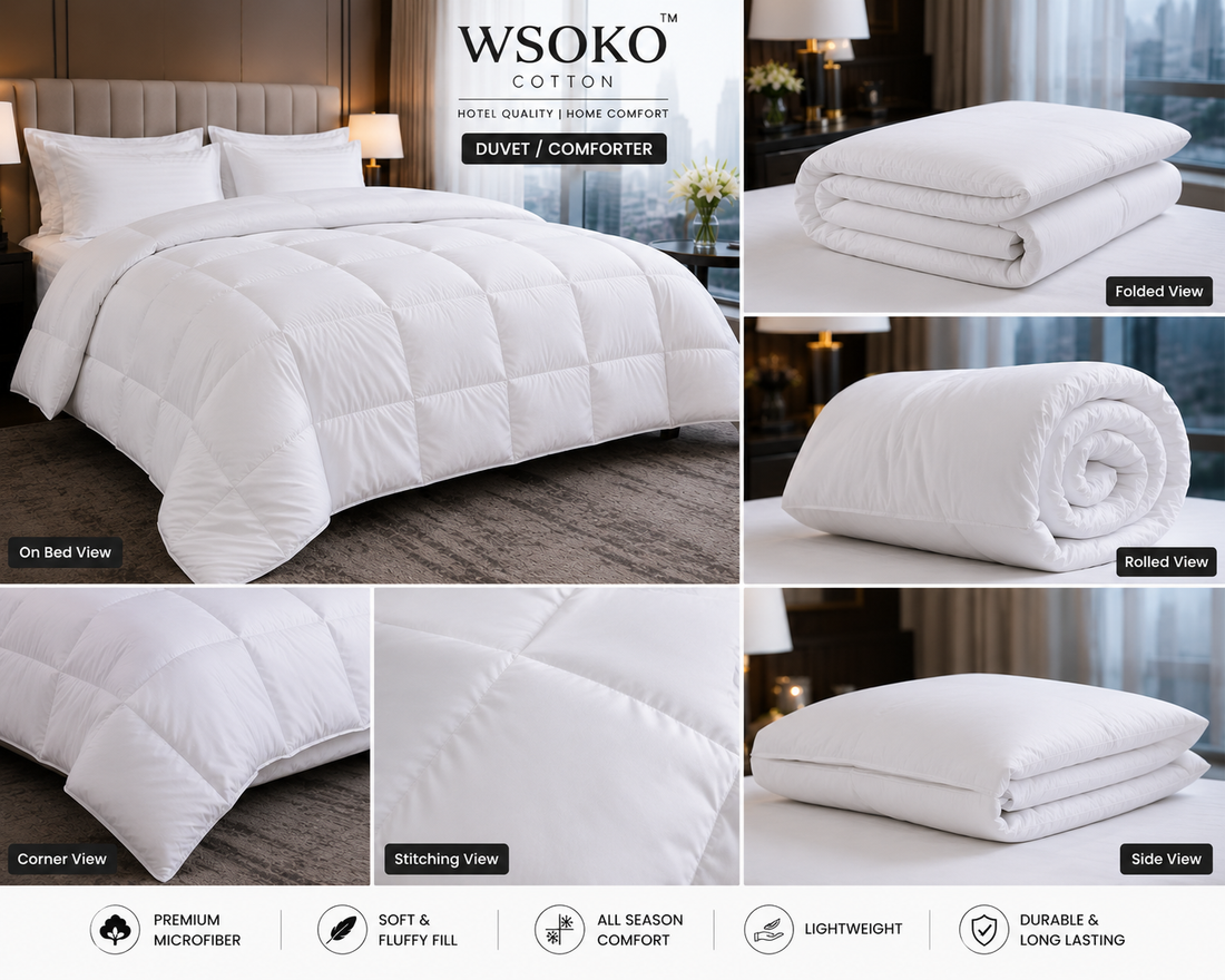 WSOKO COTTON Premium 500 TC King Size Bedsheet Set | 108 × 108 Inch | Bedsheet + Duvet + Duvet Cover + 2 Pillow Covers | Hotel Quality White Satin Stripe