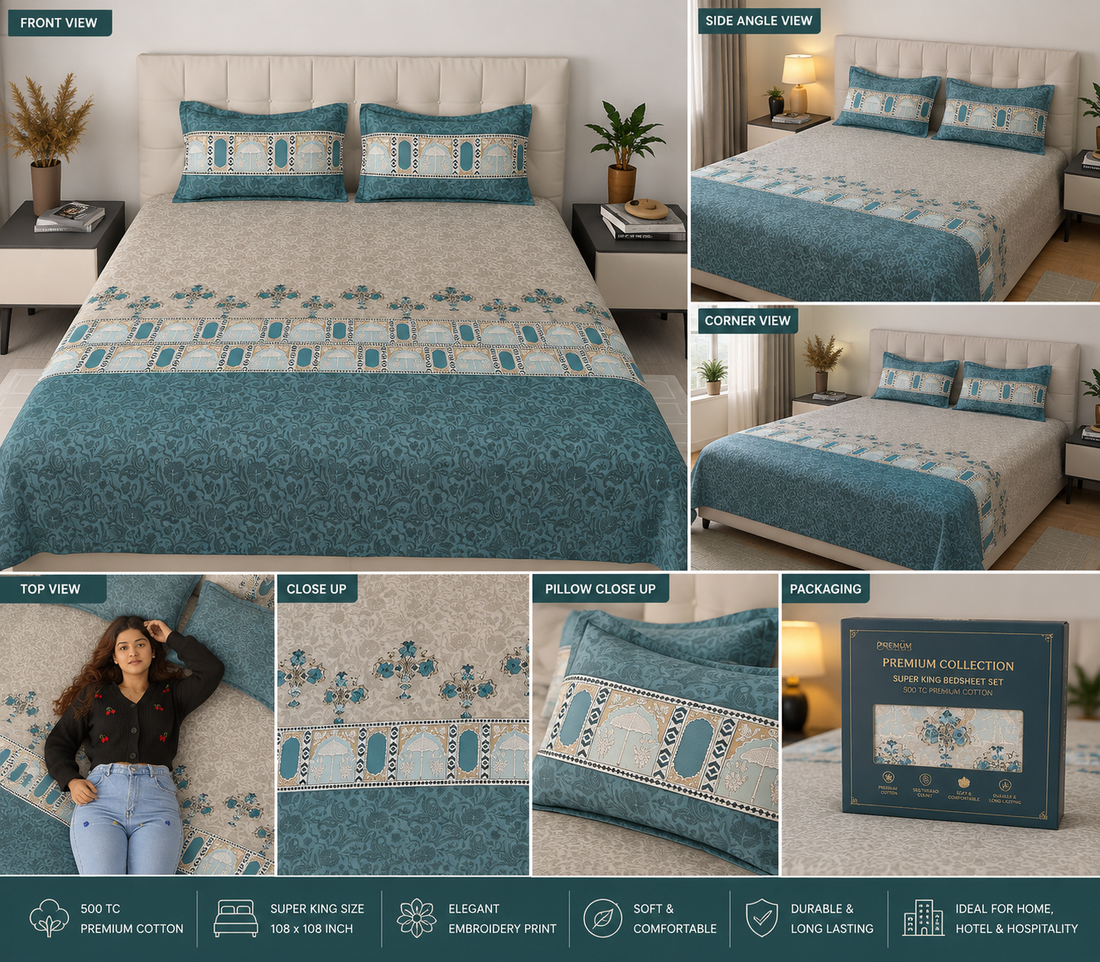 108×108 Super King Cotton Bedsheet 500 TC | Teal Embroidery Print with Pillows