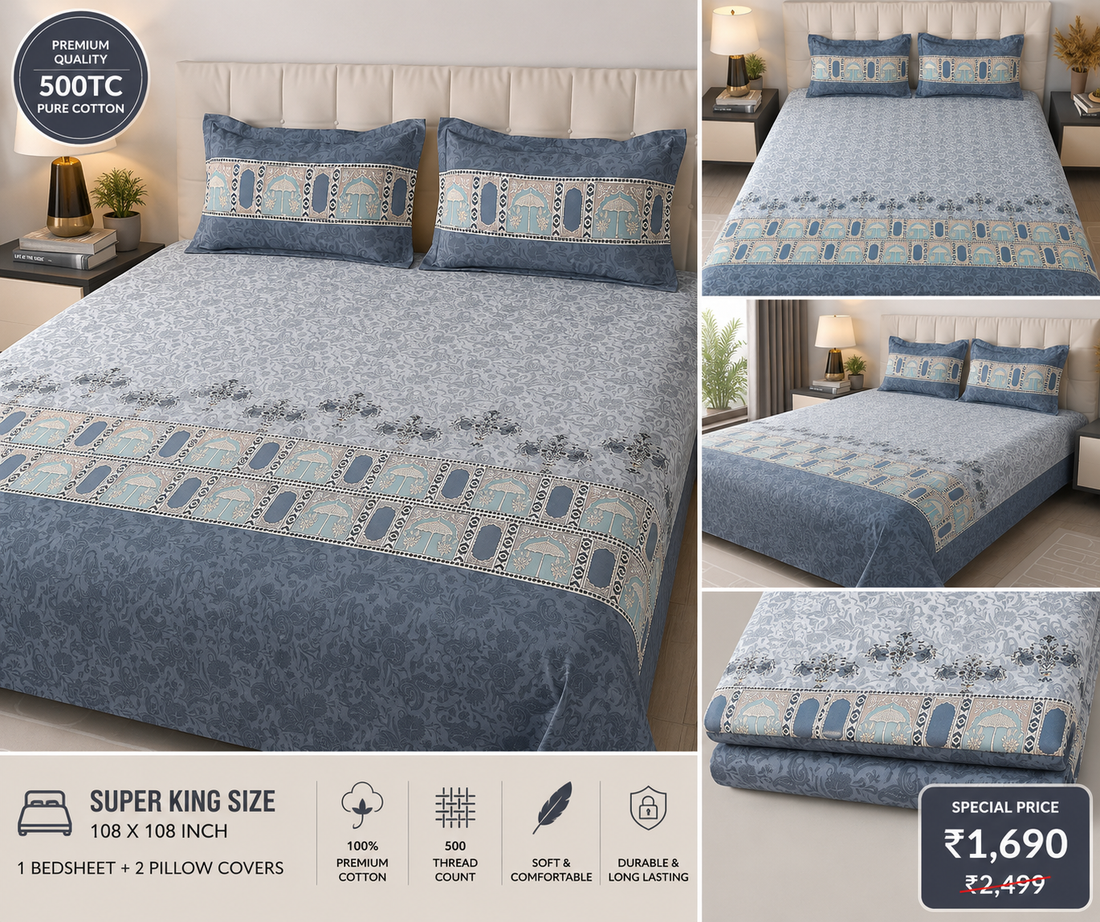 . 500 TC Premium Cotton Super King Bedsheet 108×108 | Blue Print + 2 Pillow Covers