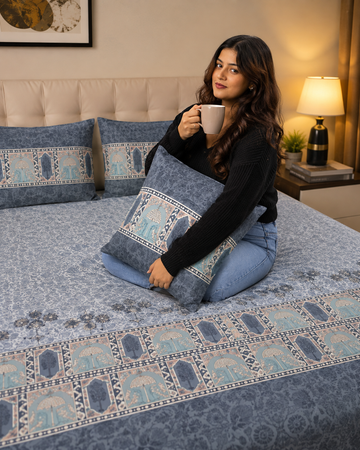 . 500 TC Premium Cotton Super King Bedsheet 108×108 | Blue Print + 2 Pillow Covers