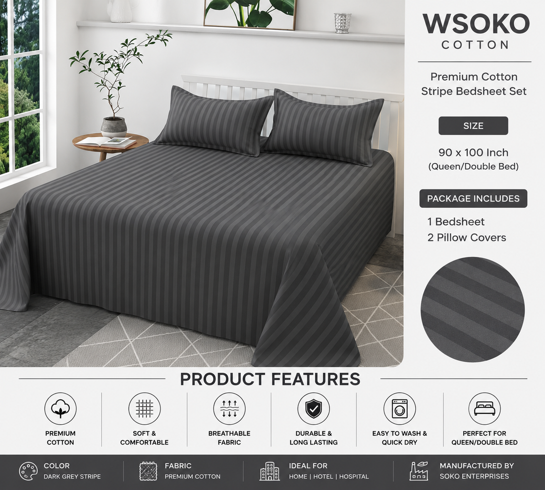 WSOKO 600 TC Premium Cotton Dark Grey Stripe Queen/Double Bedsheet – 90 × 100 Inch