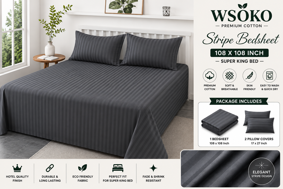 WSOKO 600 TC Premium Cotton Dark Grey Stripe Super King Bedsheet – 108 × 108 Inch
