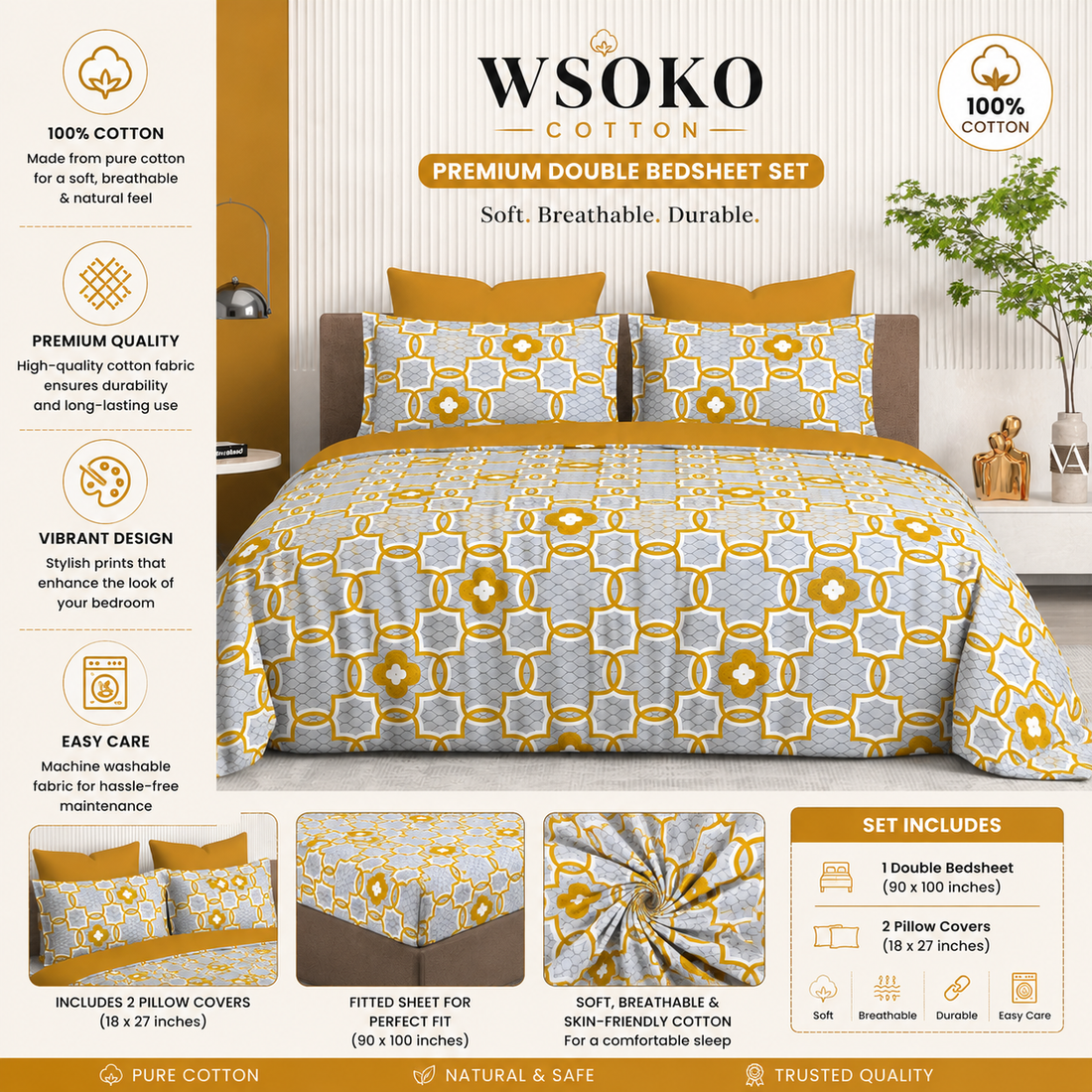 WSOKO Cotton 400 TC Designer Jaipuri Print Super King Size Bedsheet | Premium Cotton Fabric