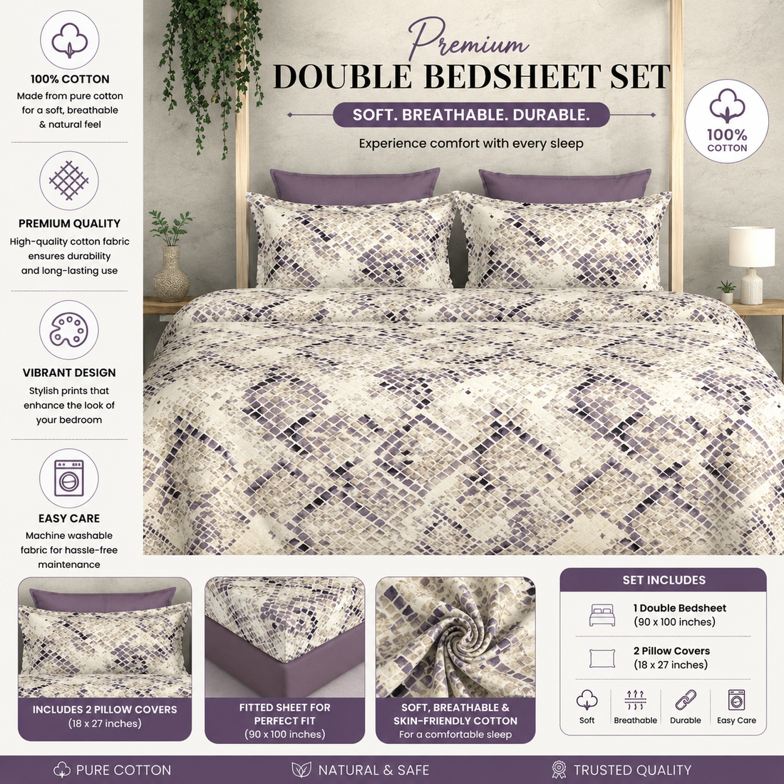 WSOKO Cotton 400 TC Super King Size Bedsheet | Floral Vine Print