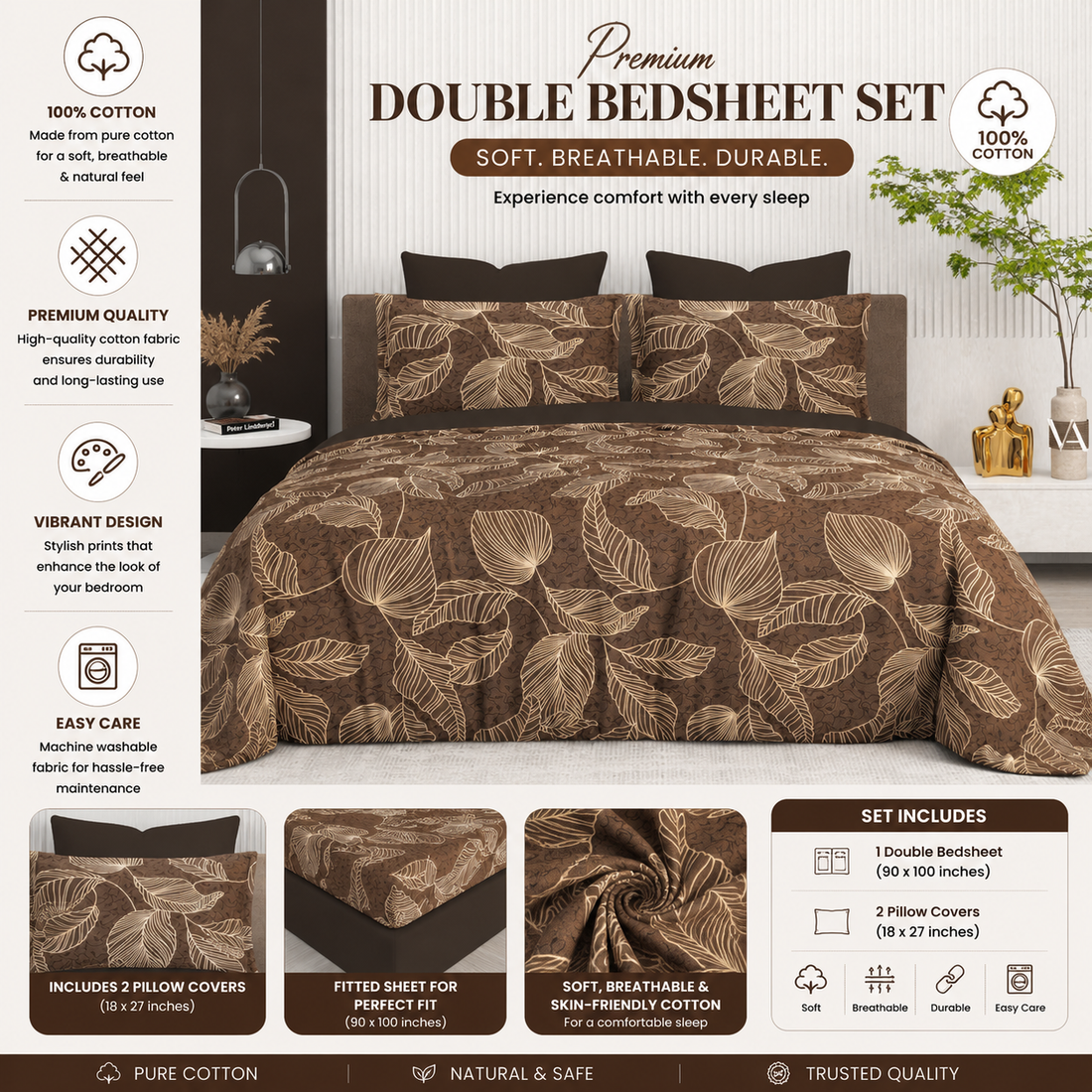 WSOKO Cotton 400 TC Super King Size Bedsheet | Classic Flower Print