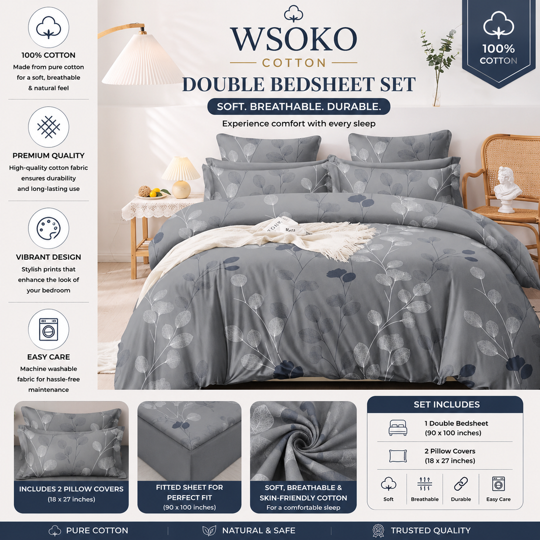 WSOKO Cotton 400 TC Super King Size Bedsheet | Luxury Bedroom Collection