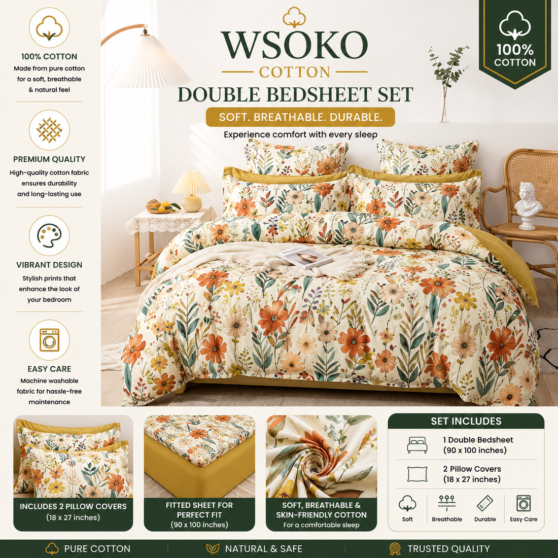 WSOKO Cotton 400 TC Super King Size Bedsheet | Elegant Printed Bedding