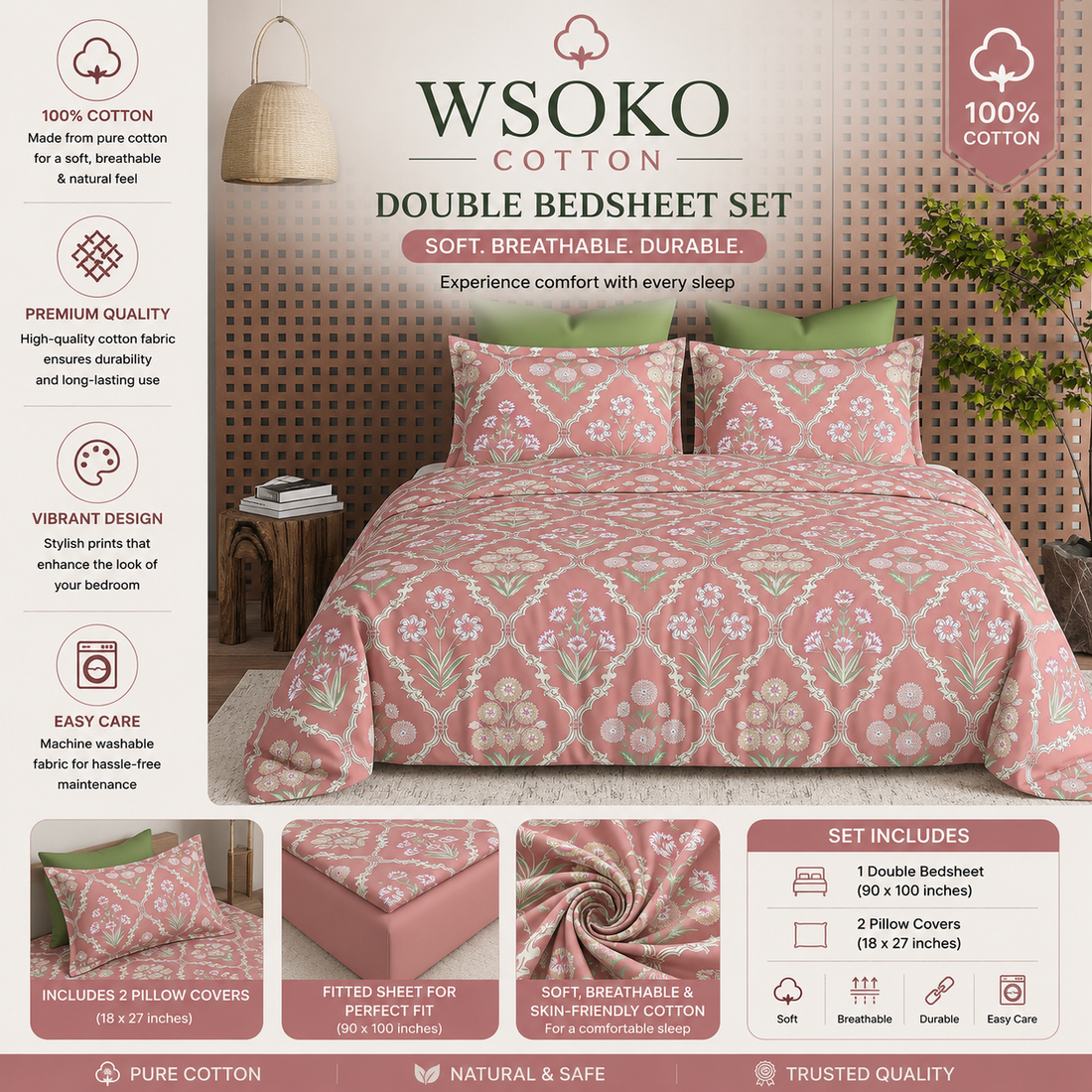 WSOKO Cotton 400 TC Super King Size Bedsheet | Classic Flower Print