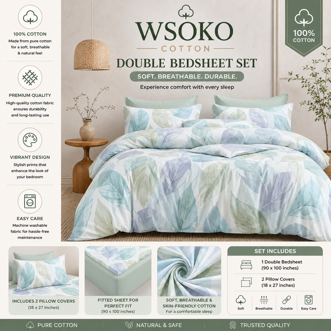 WSOKO Cotton 400 TC Super King Size Bedsheet | Breathable Premium Fabric