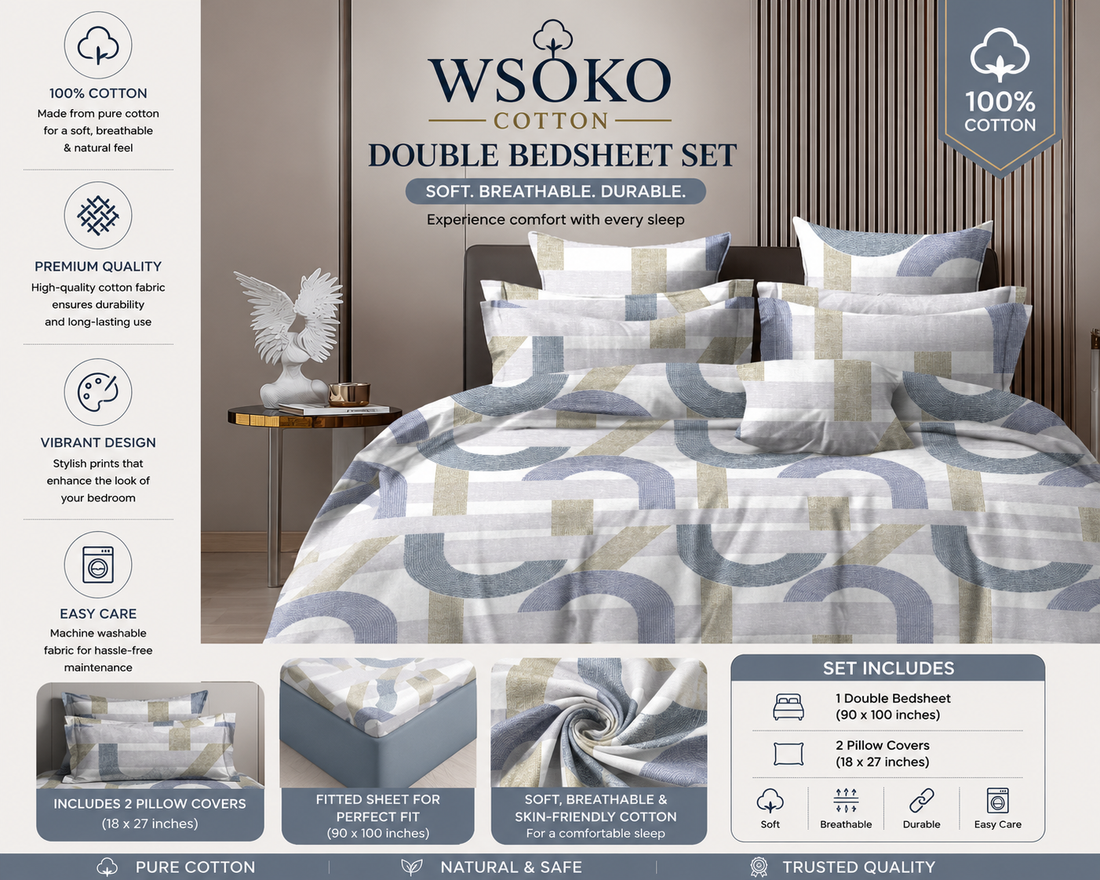 WSOKO Cotton 400 TC Super King Size Bedsheet | Elegant Printed Bedding