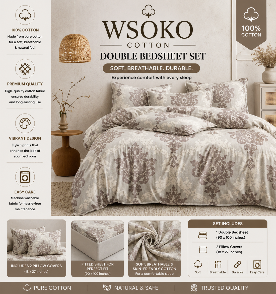 WSOKO Cotton 400 TC Super King Size Bedsheet | Luxury Bedroom Collection