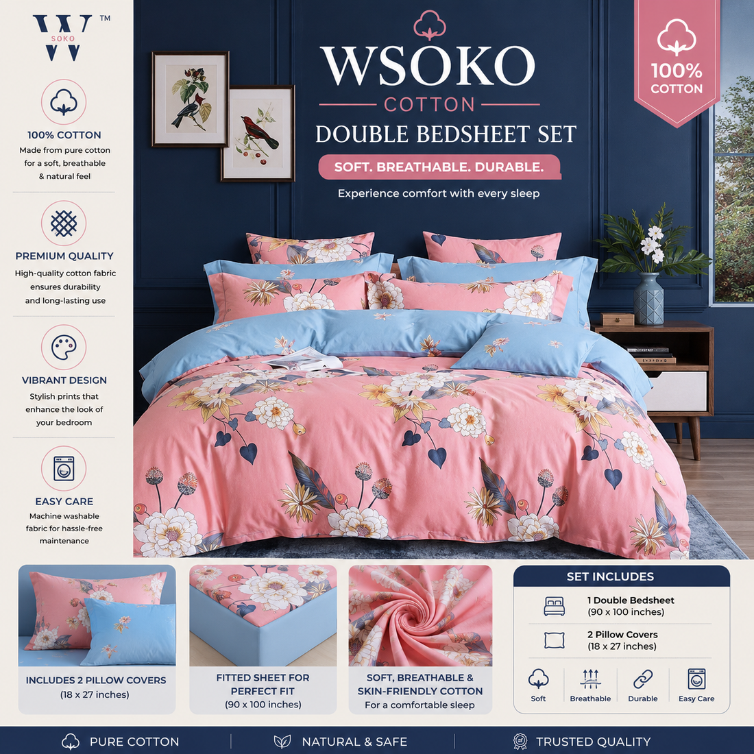 WSOKO Cotton 400 TC Super King Size Bedsheet | 108 x 108 Inch | 2 Pillow Covers | Premium Cotton
