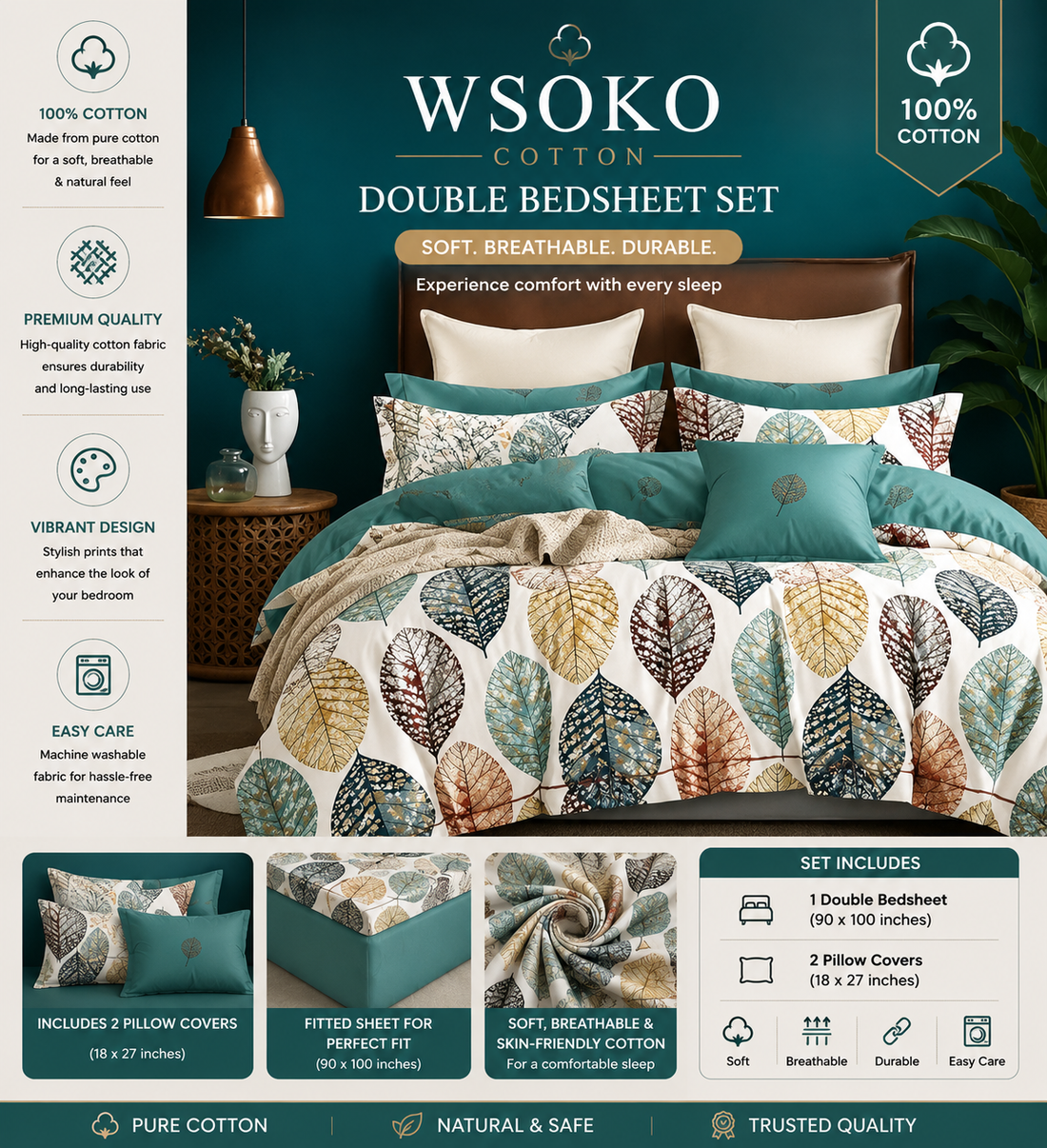 WSOKO Cotton 400 TC Super King Size Bedsheet | 108 x 108 Inch | 2 Pillow Covers | Premium Cotton