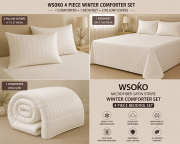 WSOKO Off White Satin Stripe Microfiber Comforter Quilt Duvet Set | King Size | Hotel Quality | 4-Piece Set