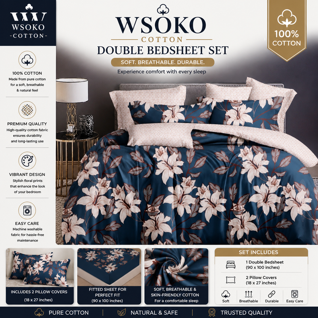 WSOKO Cotton 400 TC Super King Size Bedsheet | Breathable Premium Fabric