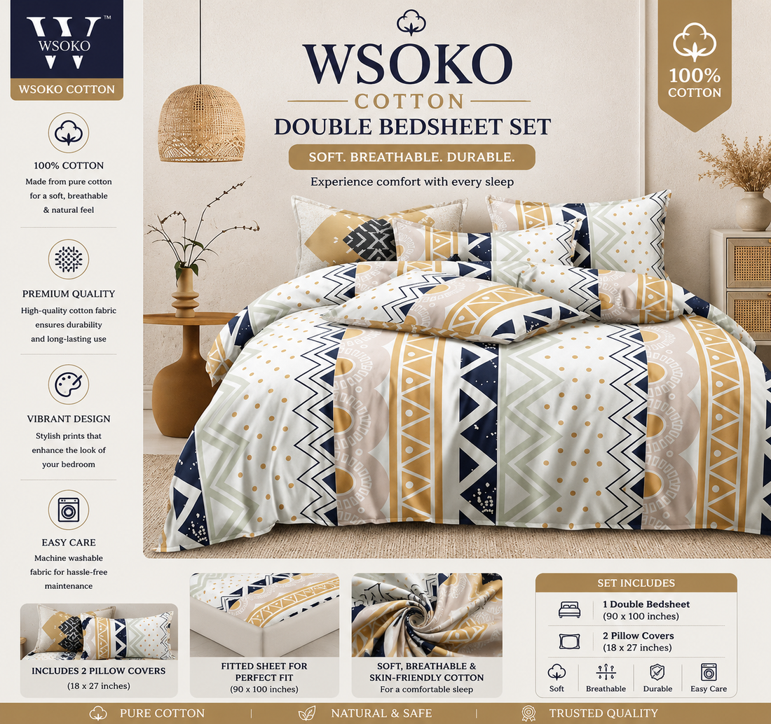 WSOKO Soft Cotton Super King Size XXL Printed Flat Double Bedsheet, 108 X 108 Inches with 2 Pillow Cover Without Joint II 400 TC, 9 Feet, 108" x 108" Inches (Super King, Abstract Mist)