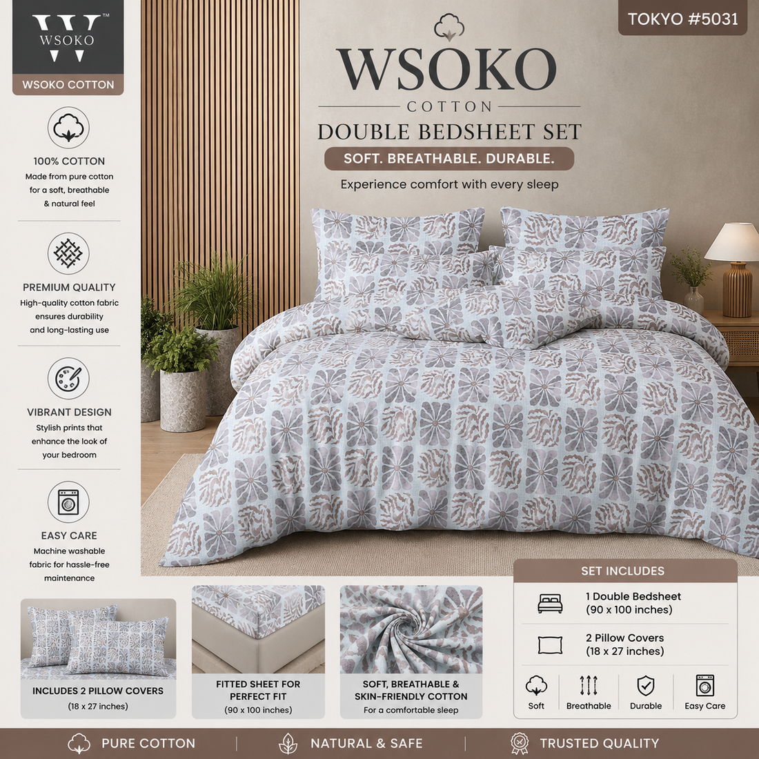 WSOKO Cotton 400 TC Super King Size Bedsheet | 108 x 108 Inch | 2 Pillow Covers | Premium Cotton