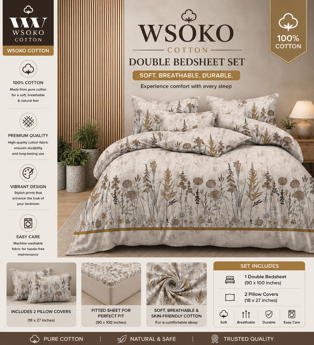 WSOKO Cotton 400 TC Super King Size Bedsheet | 108 x 108 Inch | 2 Pillow Covers | Premium Cotton