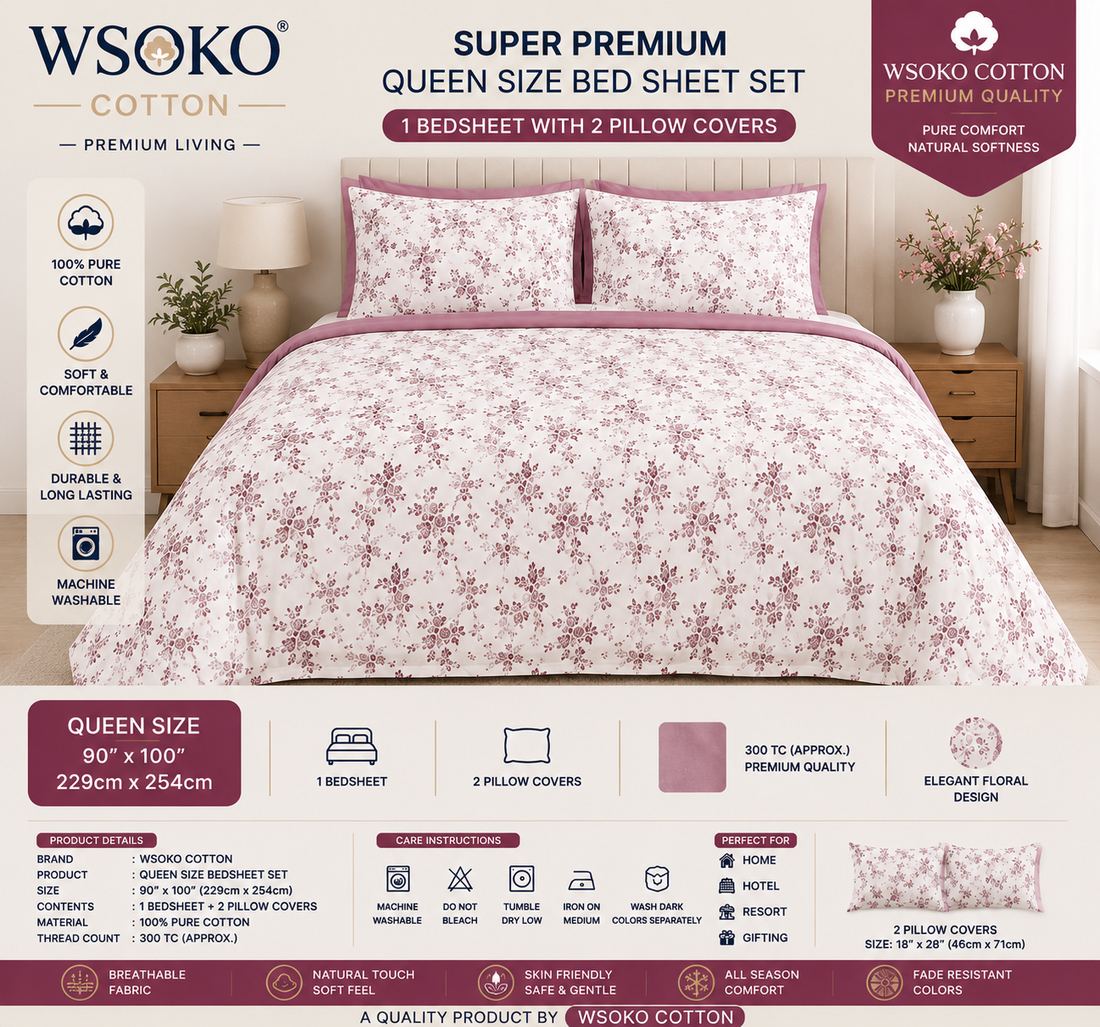 WSOKO COTTON Queen Size 300 TC Bedsheet | 90x100 Inch | 2 Pillow Covers