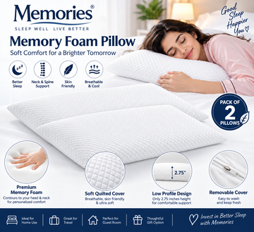 Memories Memory Foam Pillow Set 1 of 2 | 17 x 27 Inch | Soft Quilted Pillow for Sleeping | Head & Neck Support