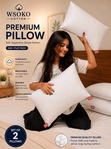 WSOKO Premium Pillow Set of 2 | 17×28 Inch | Hypoallergenic Microfiber Pillow | Soft & Comfortable
