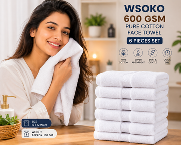 WSOKO 600 GSM Pure Cotton Face Towel Set | 12×12 Inch | 6 Pieces | Soft & Absorbent | Approx. 150g