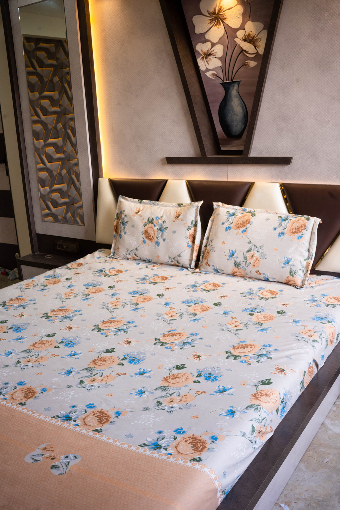 WSOKO Cotton Bedsheet with 2 Pillow Covers Soft Breathable 90 x 100 Inch Printed Flat Queen Size Bed Sheet - Tana Gree