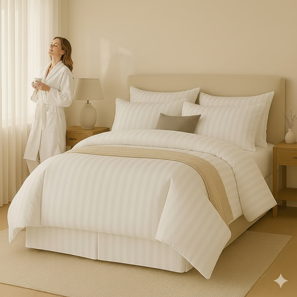 WSOKO COTTON Microfiber Satin Stripe 400 TC King Size 4Pc AC Comforter Set for Double Bed with 1 Flat Bedsheet and 2 Pillow Covers - Lightweight for All Weather/Season - 90x100 Inches, White