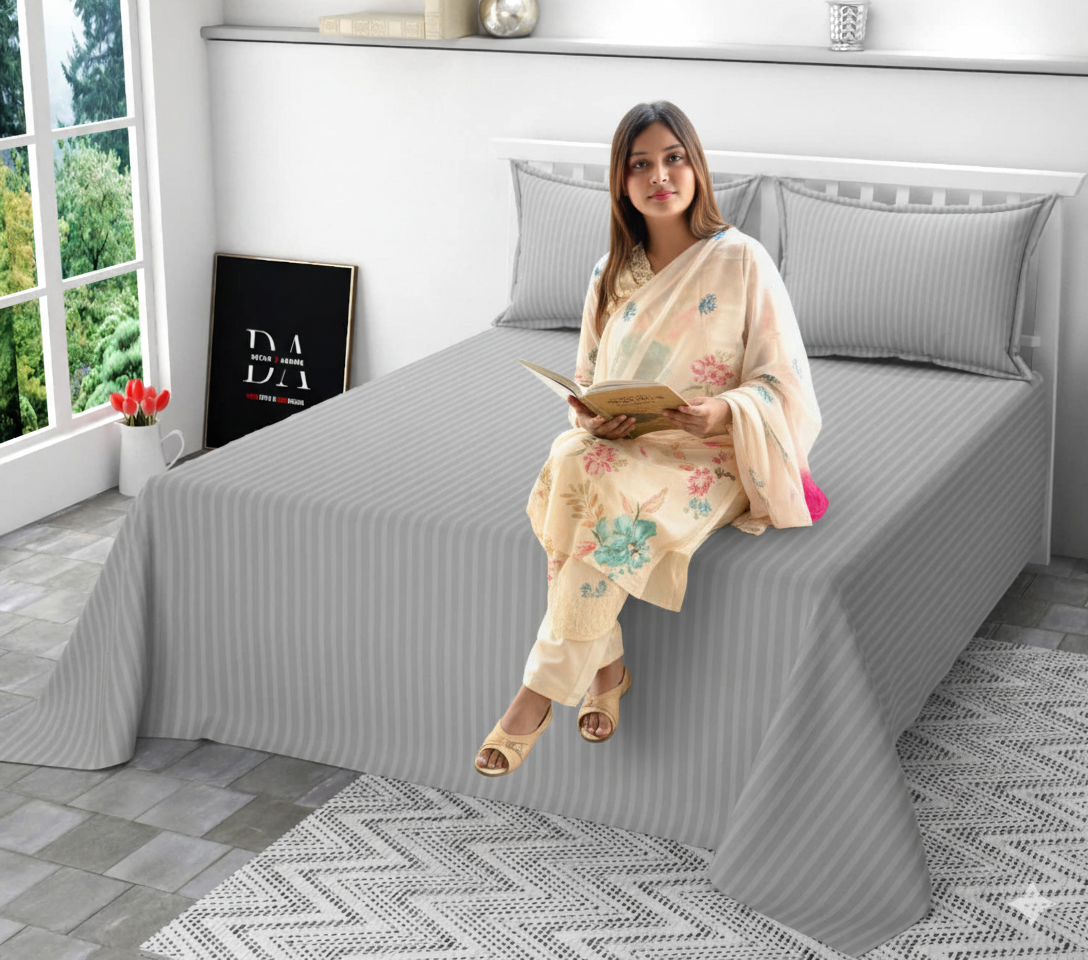 WSOKO 300 TC 100% Cotton Satin Stripe Single Bed Sheet - Premium Hotel Bedsheet and 2 Pillow Covers Set for Hotels, Guest House & B&B (108"X108"