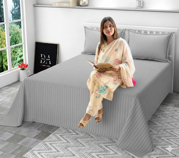 WSOKO 300 TC 100% Cotton Satin Stripe Single Bed Sheet - Premium Hotel Bedsheet and 2 Pillow Covers Set for Hotels, Guest House & B&B (108"X108"