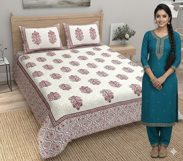 WSOKO&nbsp; 400TC Pure Cotton Bedsheet for Double Bed, King &amp; Queen Size Bed, Jaipuri Rajasthani Design with 2 Pillow Covers, Extra Soft &amp; Wrinkle Free (Pink-3)