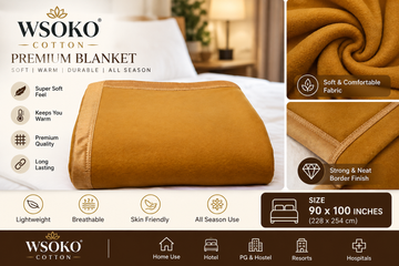 WSOKO COTTON Premium Camel Polar Fleece Blanket 500 TC with Satin Border | 90 x 90 Inches | All Season Double Bed Blanket for Railway, Hotels, Hostels & Home
